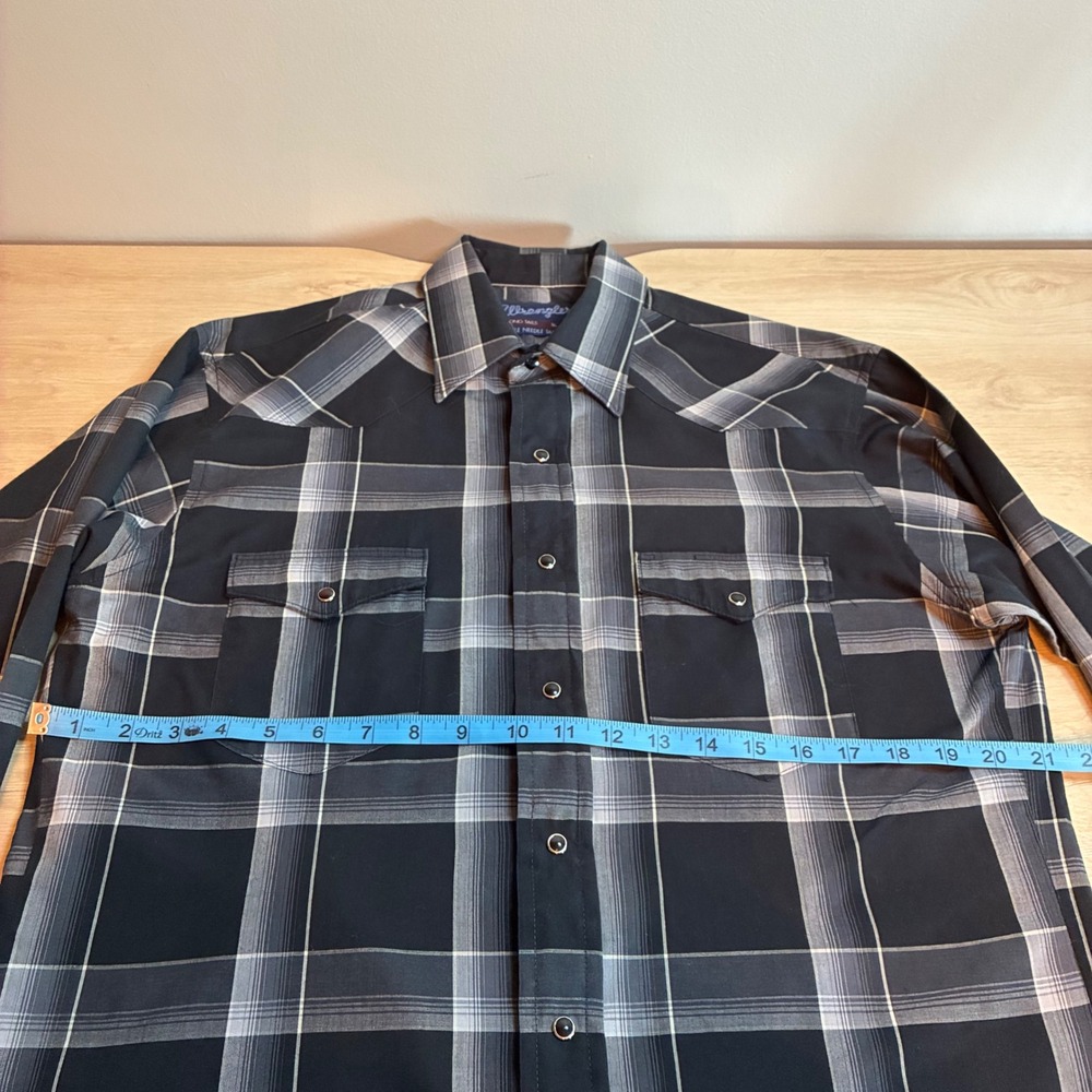 Wrangler Mens Black Grey Plaid Western Snap Shirt X-Long Tails 16-35 Medium - Picture 4 of 5
